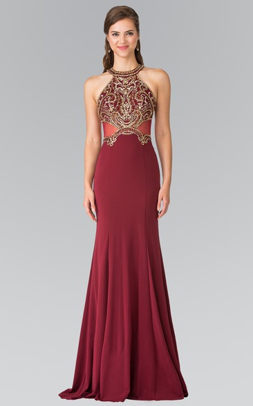 Sheath Long Scoop-Neck Sleeveless Jersey Illusion Dress With Sequins And Beading