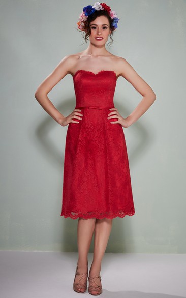 Tea-Length Strapless Lace Bridesmaid Dress