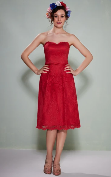 Tea-Length Strapless Lace Bridesmaid Dress