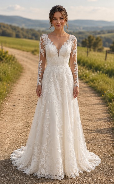 Country V-neck Lace A-line Wedding Dress with Lace