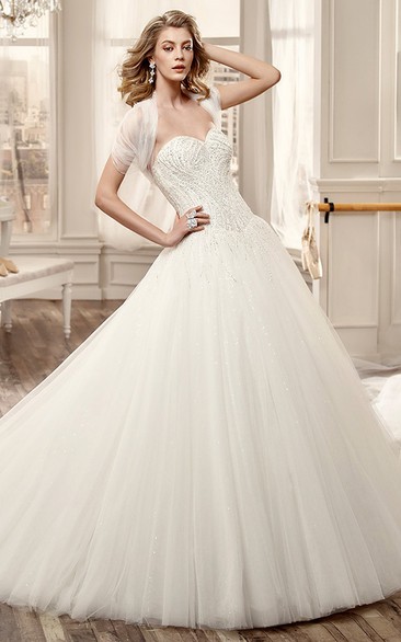 Sweetheart Beaded Long Wedding Dress With Ruching Tulle Skirt And Invert-V Waist