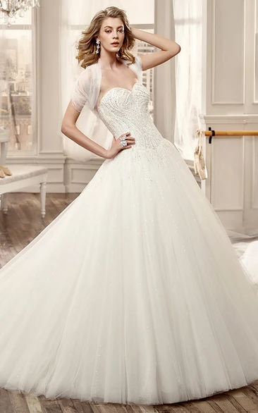 Sweetheart Beaded Long Wedding Dress With Ruching Tulle Skirt And Invert-V Waist