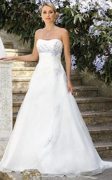 Strapless Long Bowed Cape Chiffon Wedding Dress With Beading