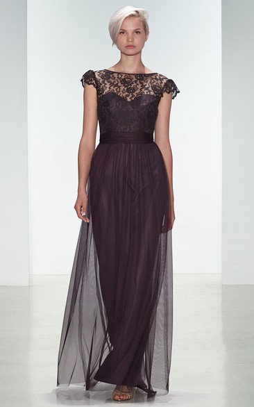 Sheath Bateau-Neck Cap-Sleeve Tulle Bridesmaid Dress With Lace