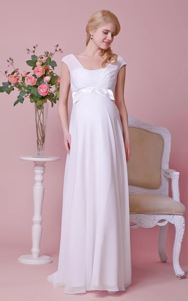 Cap-sleeved Empire Waist A-line Chiffon Floor Length Dress With Front Bow