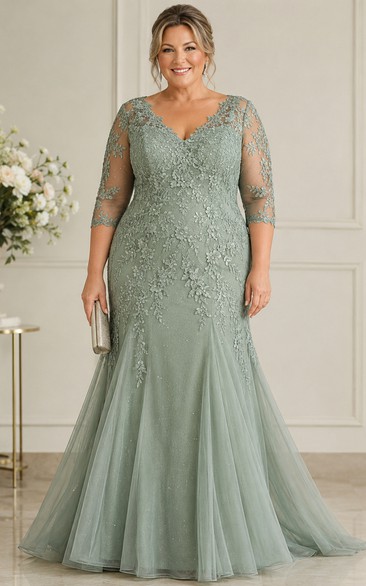 Plus Size Mermaid V-Neck 3/4 Length Sleeve Lace Mother Dress with Lace