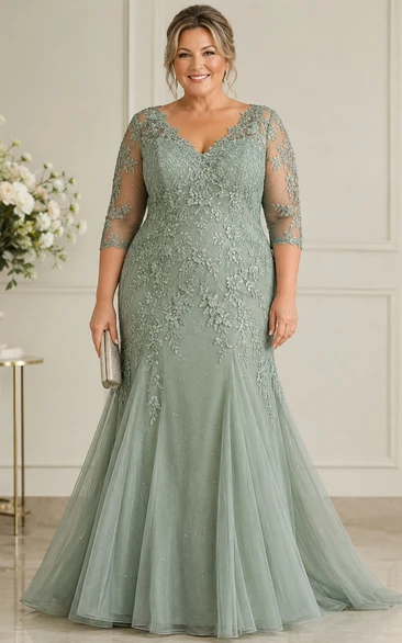 Plus Size Mermaid V-Neck 3/4 Length Sleeve Lace Mother Dress with Lace