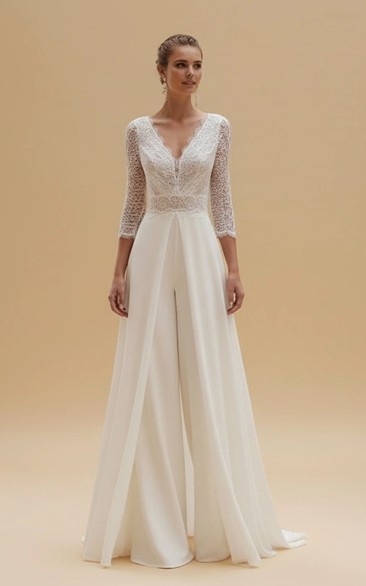 Boho Lace Bodice Wedding Jumpsuit with Scalloped V-Neck & 3/4 Sleeves