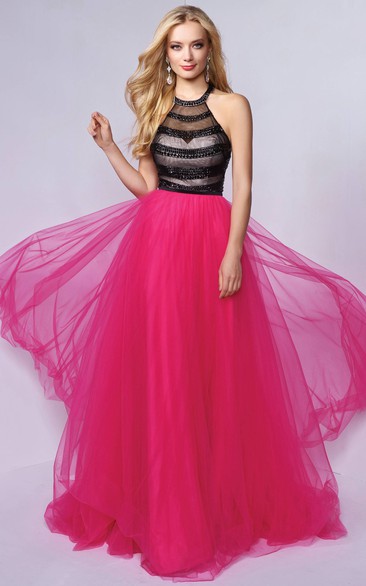 A-Line Floor-Length Jewel-Neck Sleeveless Tulle Dress With Beading