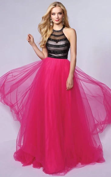 A-Line Floor-Length Jewel-Neck Sleeveless Tulle Dress With Beading