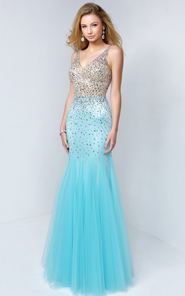 Mermaid V-Neck Sleeveless Tulle Low-V Back Dress With Beading And Pleats
