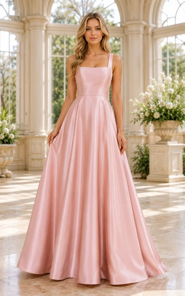 Vestido de dama de honor de satén rosa rubor con escote cuadrado y corte en A, talla grande, con tirantes.