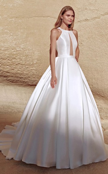 Romantic Satin Floor-length Sleeveless Ball Gown Open Back Wedding Dress with Ruching