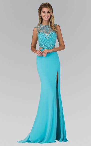 Sheath Jewel-Neck Sleeveless Jersey Illusion Dress With Beading And Split Front