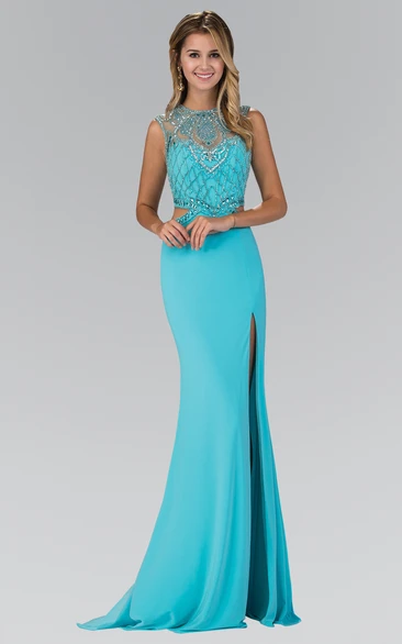 Sheath Jewel-Neck Sleeveless Jersey Illusion Dress With Beading And Split Front