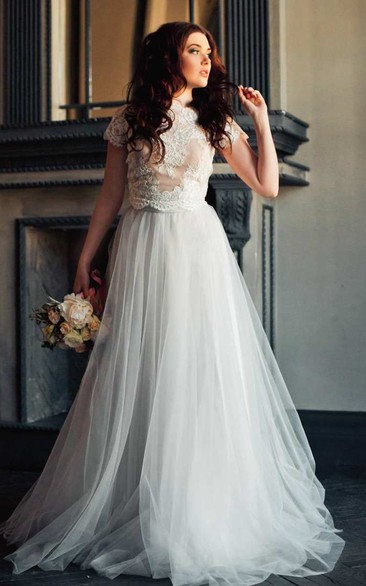 Bateau Short Sleeve A-Line Two-Piece Dress With Lace Top