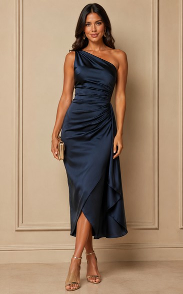Dark Navy One-Shoulder Satin Midi Sheath Dress