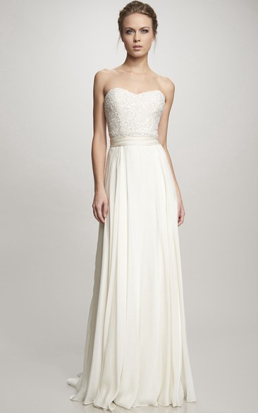 Sweetheart Floor-Length Beaded Bowed Chiffon Wedding Dress With Brush Train