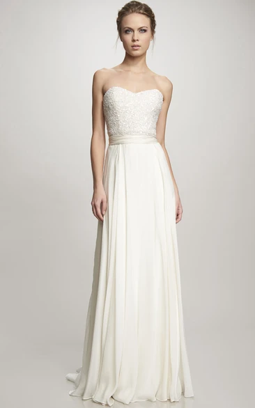 Sweetheart Floor-Length Beaded Bowed Chiffon Wedding Dress With Brush Train