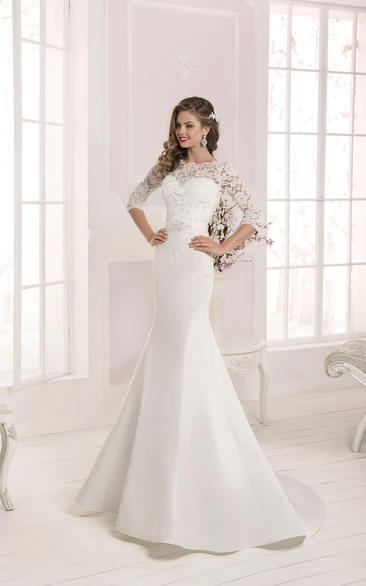 Half Sleeve Lace Top Long Mermaid Mother Of Thebride Dress with Crystal Detailing