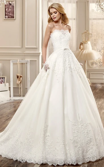 Strapless A-Line Wedding Dress With Embroidery And Brush Train