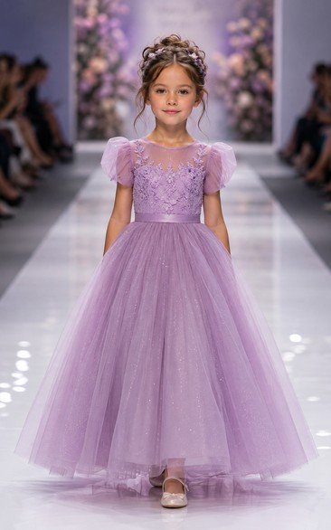 A-Line Lavender Puff Sleeve Lace Tulle Flower Girl Dress