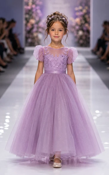 A-Line Lavender Puff Sleeve Lace Tulle Flower Girl Dress