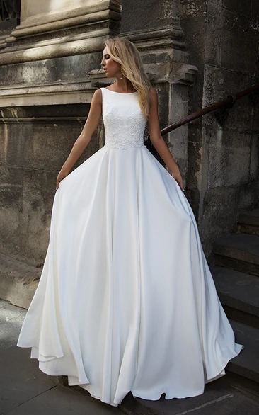 Elegant Satin Bataeu-neck Sleeveless Bridal Gown with Applique