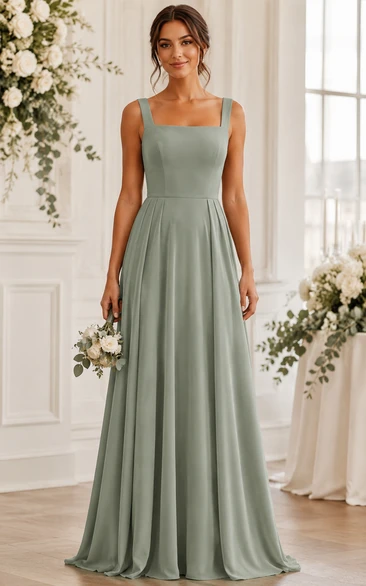 Sage Square Neck Chiffon A-Line Bridesmaid Dress