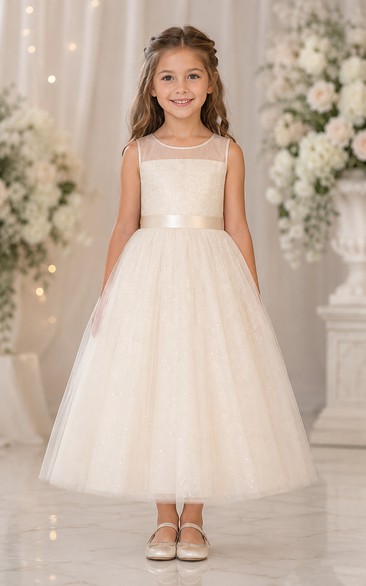 Tea-length Illusion Strap Tulle Flower Girl Dress with Satin Waistband