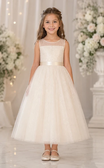 Tea-length Illusion Strap Tulle Flower Girl Dress with Satin Waistband