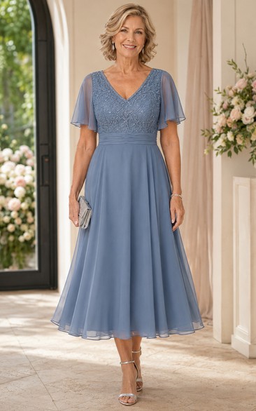 Steel Blue V-Neck Tea-Length Chiffon Mother Dress with Beaded Bodice