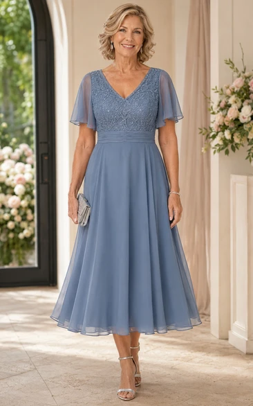 Steel Blue V-Neck Tea-Length Chiffon Mother Dress with Beaded Bodice