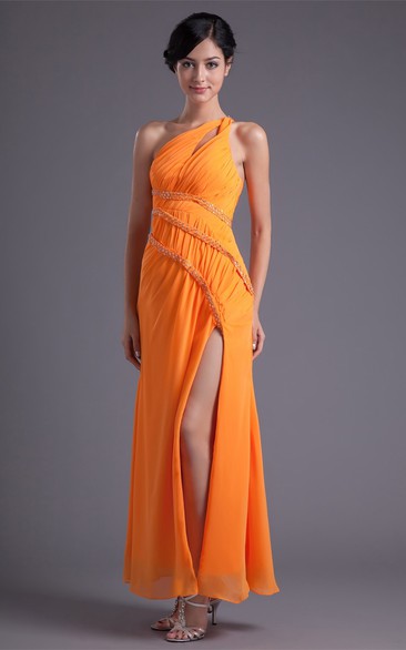One-Shoulder Front-Split Chiffon Dress With Jewels
