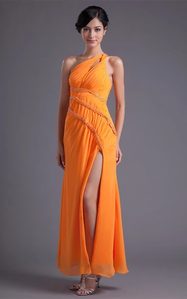 One-Shoulder Front-Split Chiffon Dress With Jewels