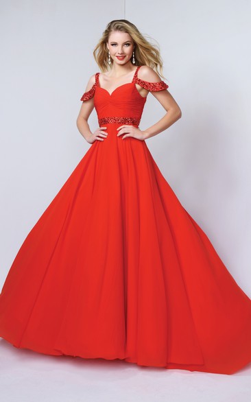 A-Line Long Straps Chiffon Court Train Low-V Back Dress With Criss Cross And Beading