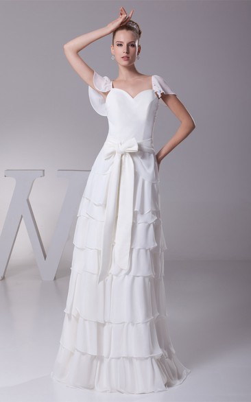 Caped-Sleeve Sheath Tiered Dress With Ribbon
