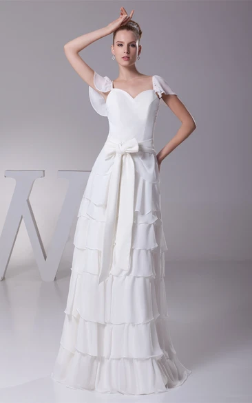 Caped-Sleeve Sheath Tiered Dress With Ribbon