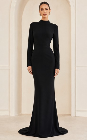 Jersey Evening Dress in Black, High Neck Mermaid Sweep Train Gown with Ruching