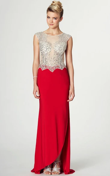 Split-Front Scoop Neck Cap Sleeve Jersey Prom Dress