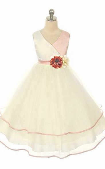 Tea-Length Tiered Tulle&Satin Flower Girl Dress