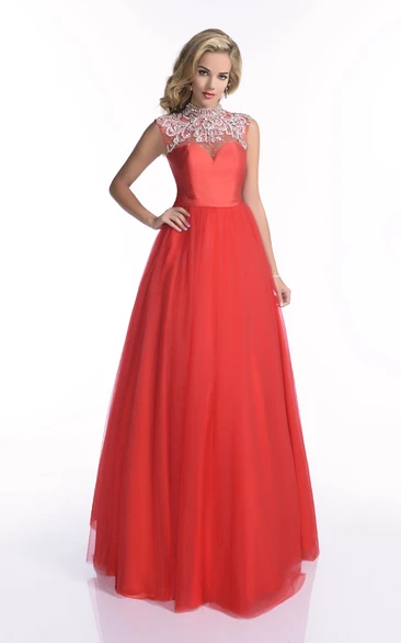 Tulle Cap Sleeve Floor Length Prom Dress With Sophisticated Jeweled Appliques