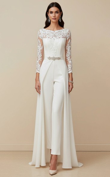 Long Sleeve Lace Illusion Bridal Jumpsuit with Beaded Belt