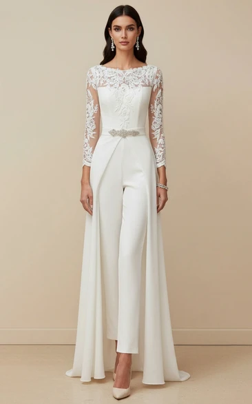 Lace V-Neck Corset Wide Leg Wedding Jumpsuit with Train