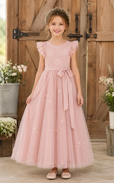 Blushing Pink A-Line Lace Flower Girl Dress with Bow Sash