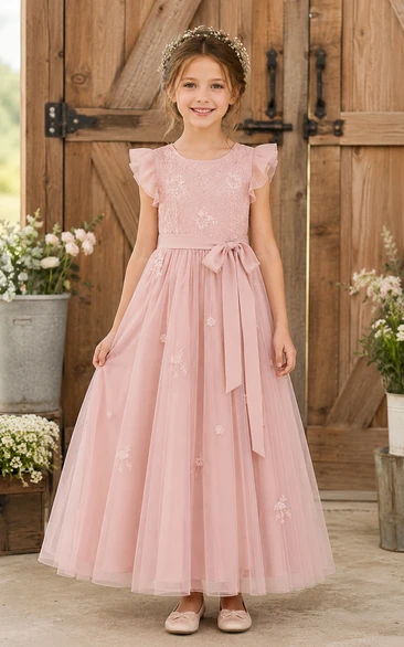 Blushing Pink A-Line Lace Flower Girl Dress with Bow Sash