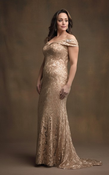 Champagne Off-the-shoulder Plus Size Sheath Mother of Bride Dress