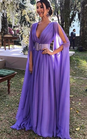 Casual A Line Chiffon Floor-length Long Sleeve Evening Dress with Ruching