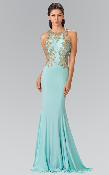 Sheath V-Neck Sleeveless Jersey Illusion Dress With Beading And Pleats