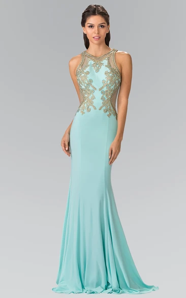 Sheath V-Neck Sleeveless Jersey Illusion Dress With Beading And Pleats